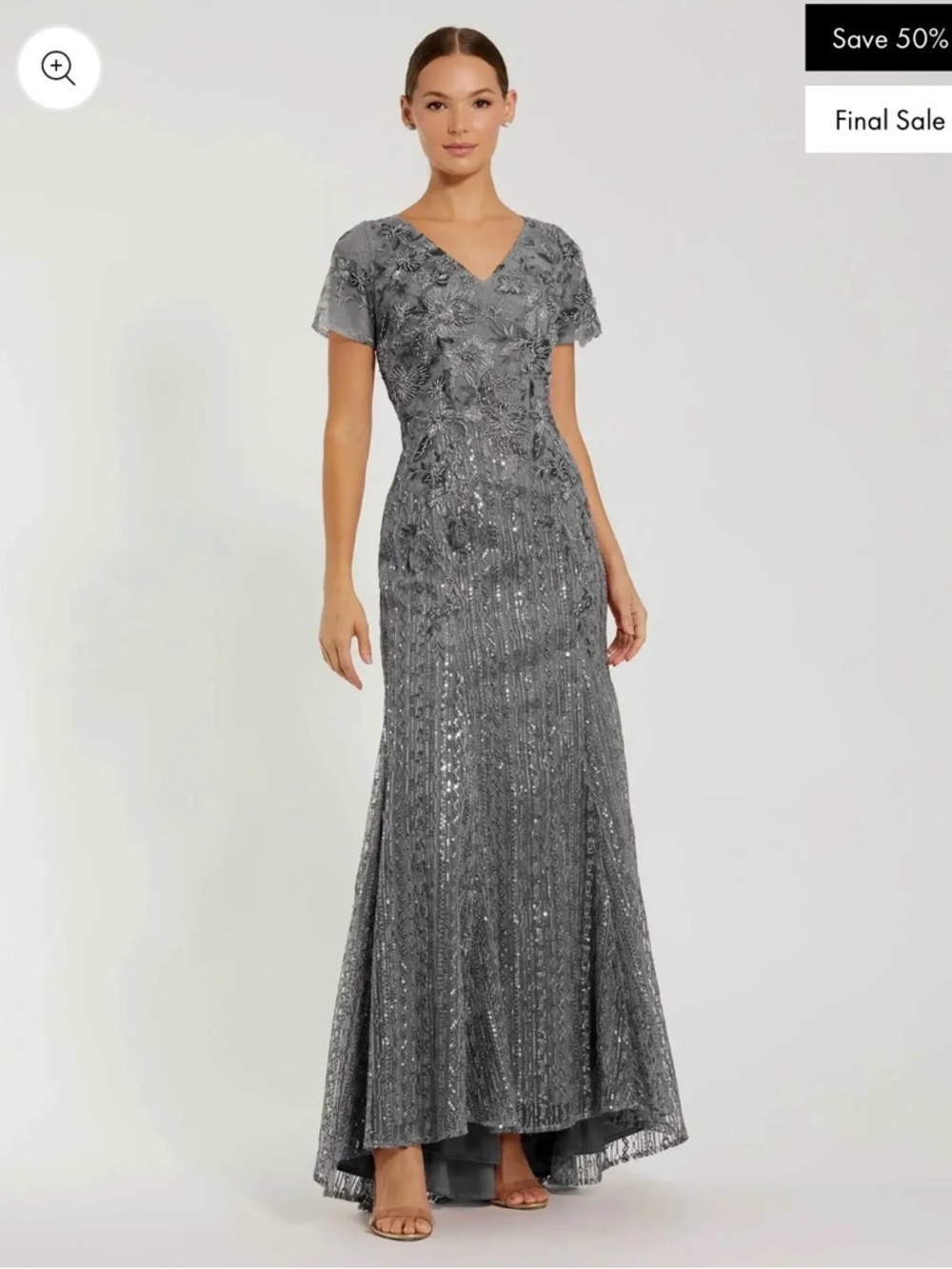 Mac Duggal Silver Gray Sequined V-Neck Maxi Dress